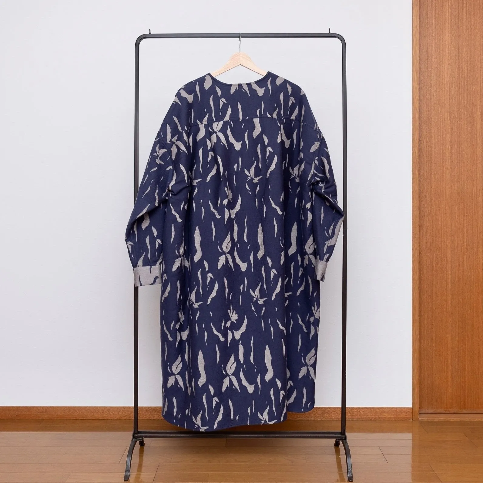 播州織 Wool/Cotton Jacquard Coat Dress / Navy&Greige