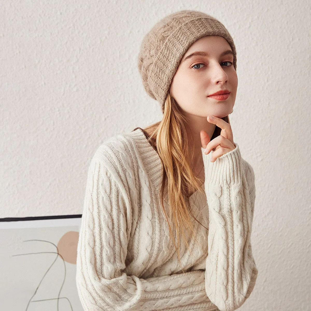 100% Cashmere Stylish Cable Knit Beanie