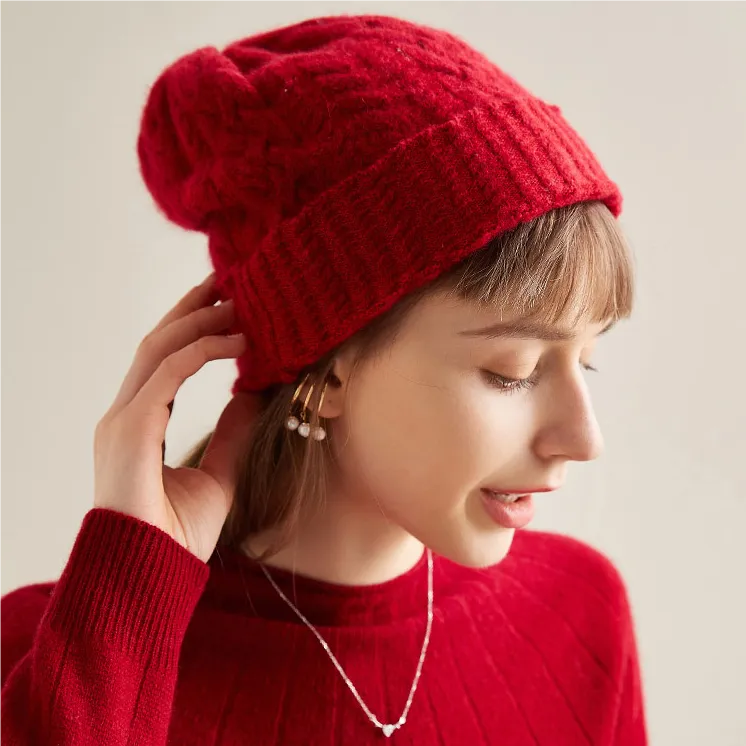 100% Cashmere Stylish Cable Knit Beanie