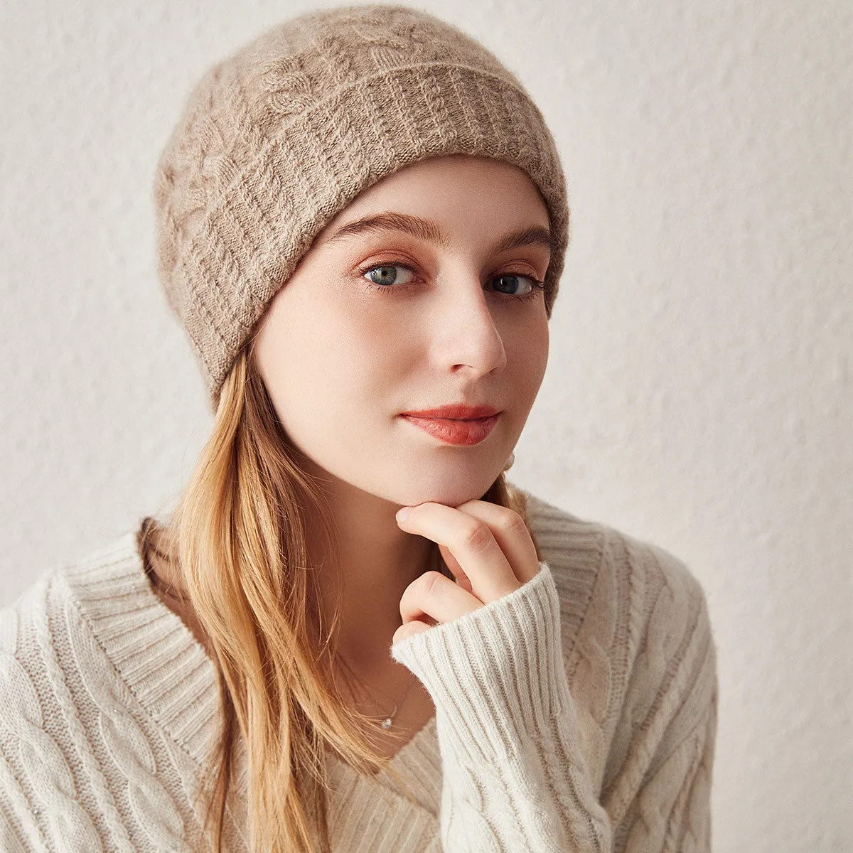 100% Cashmere Stylish Cable Knit Beanie