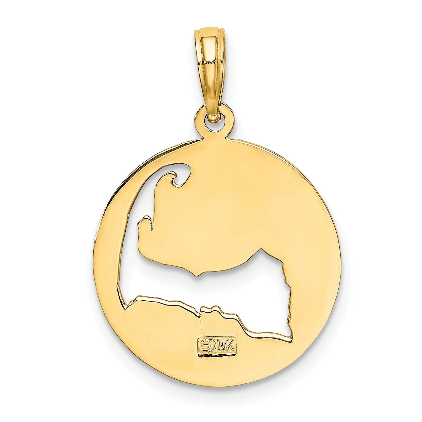 14K Yellow Gold Polished Texture Finish Cut Out Map Shape of CAPE COD In Circle Design Charm Pendant