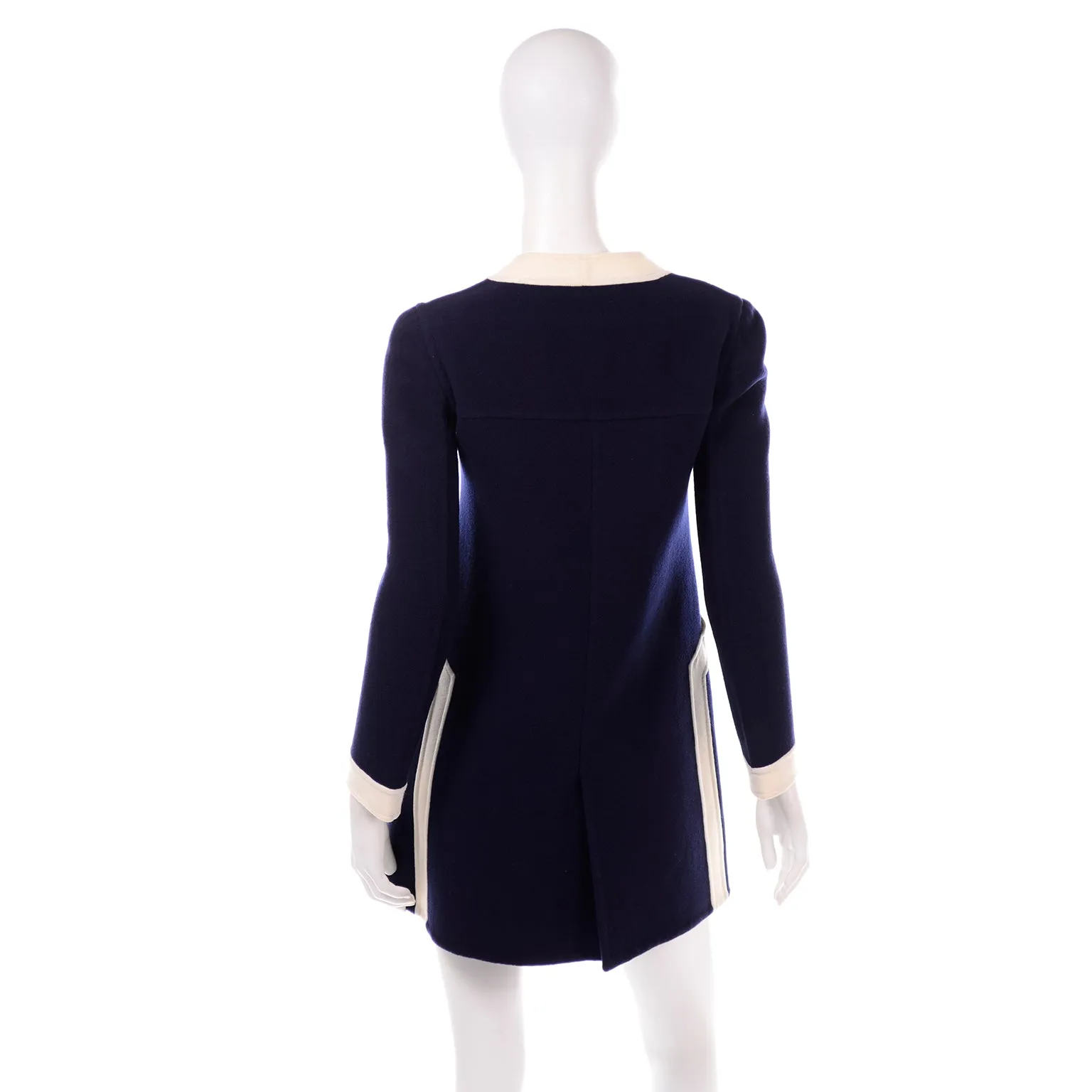 1960s Valentino Navy Blue Wool Vintage Dress w/ White Trim