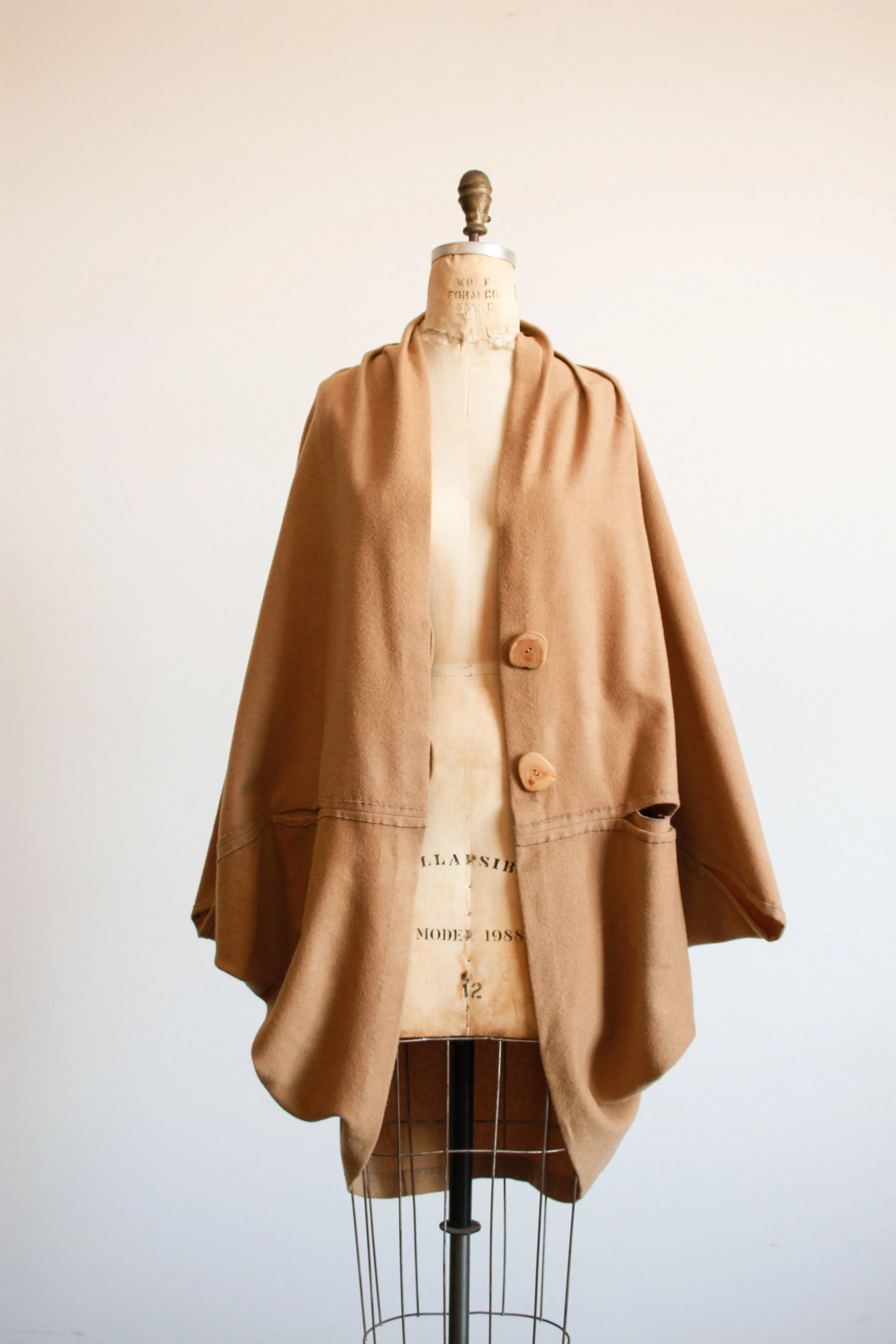 1970s Camel Wool Cocoon Draped Dolman Coat