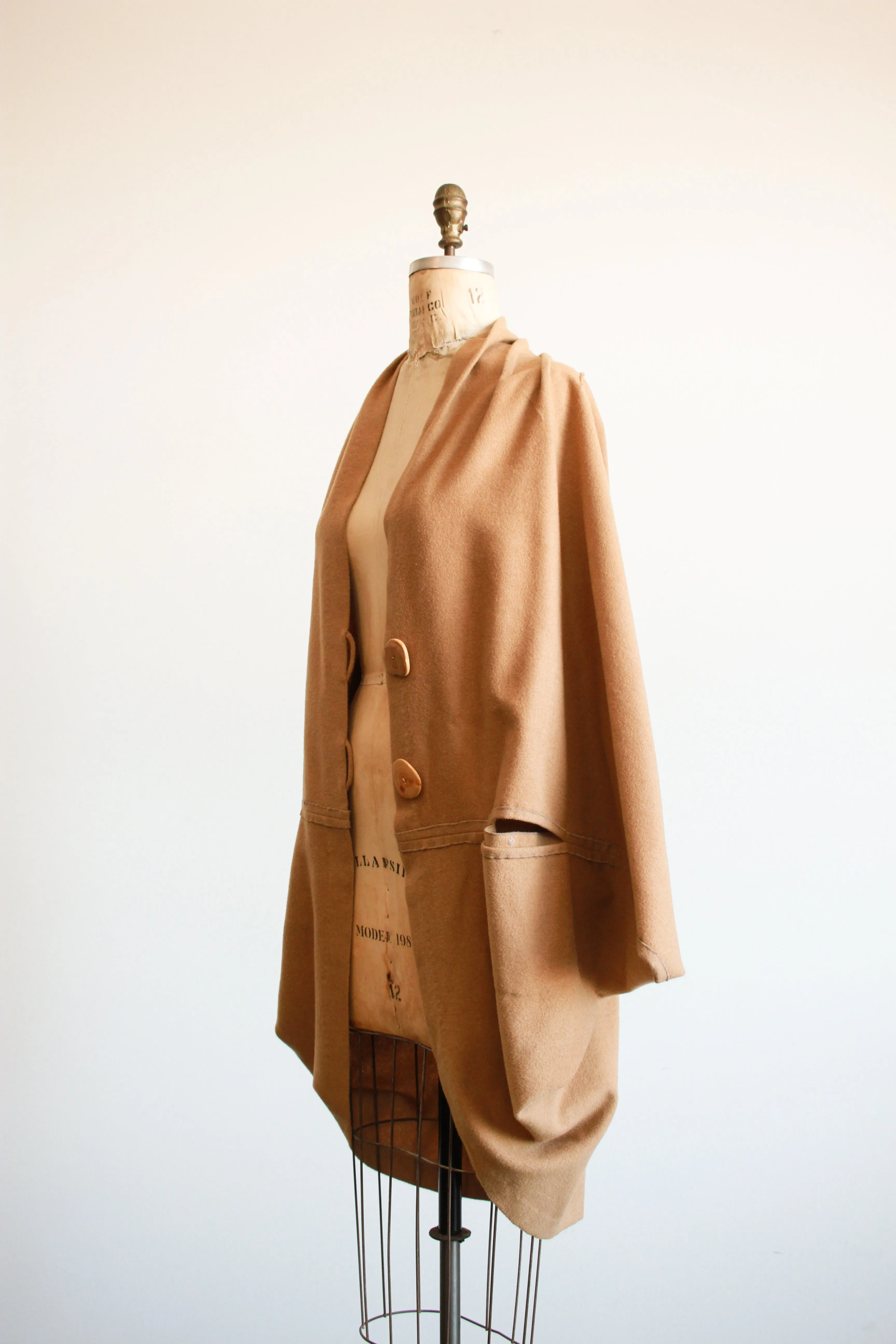 1970s Camel Wool Cocoon Draped Dolman Coat