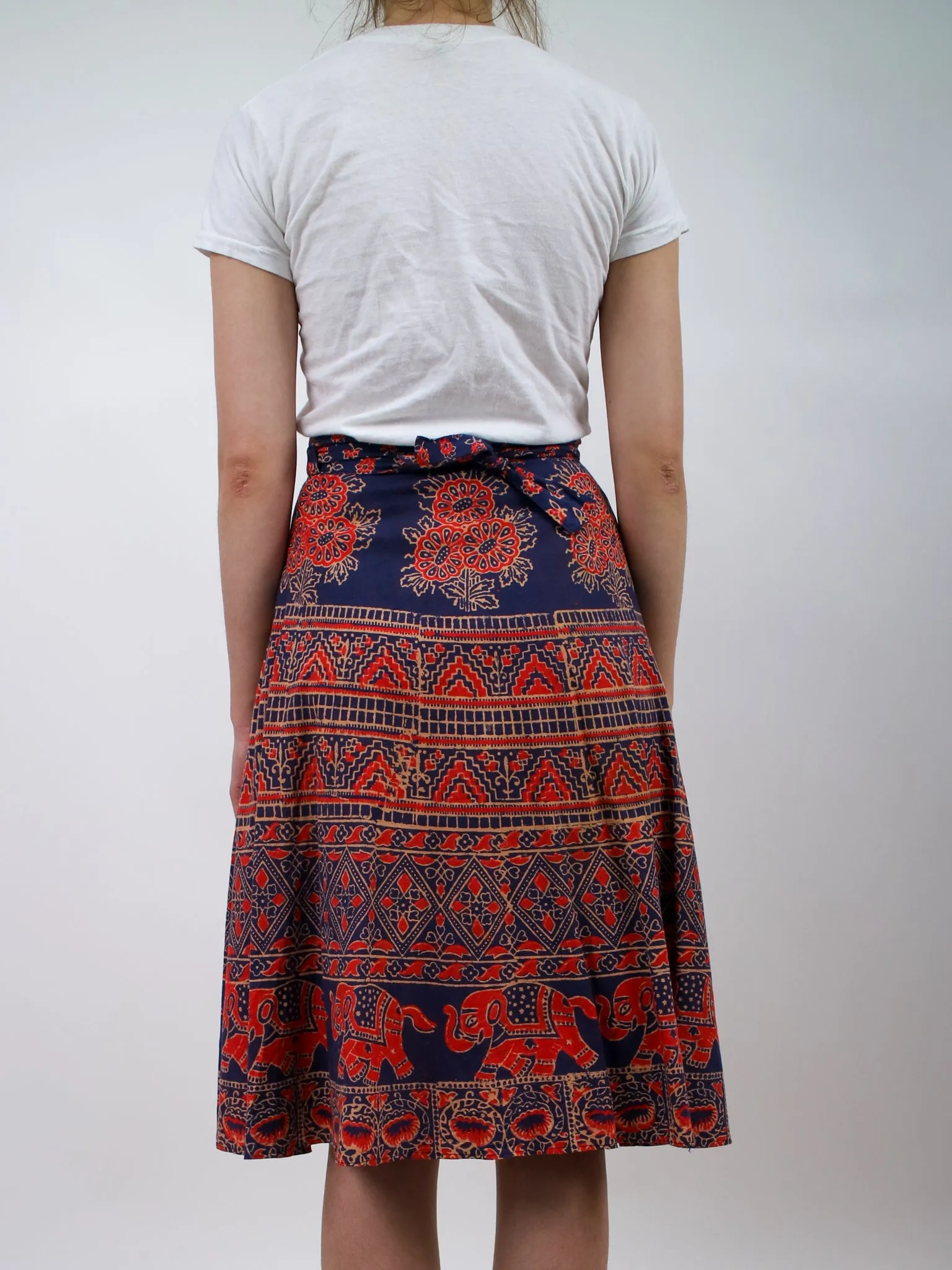 1970s Paisley Navy and Red Midi Wrap Skirt