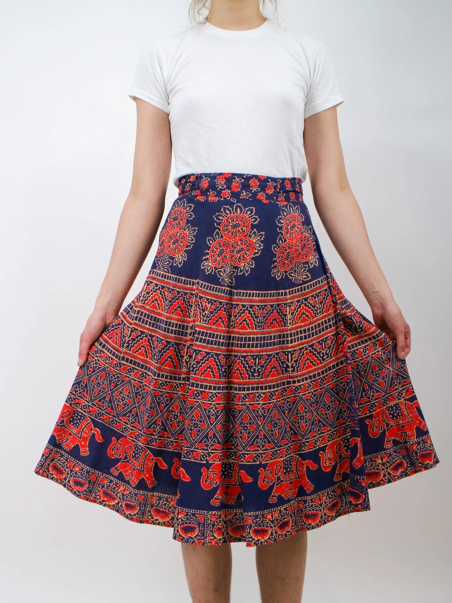 1970s Paisley Navy and Red Midi Wrap Skirt