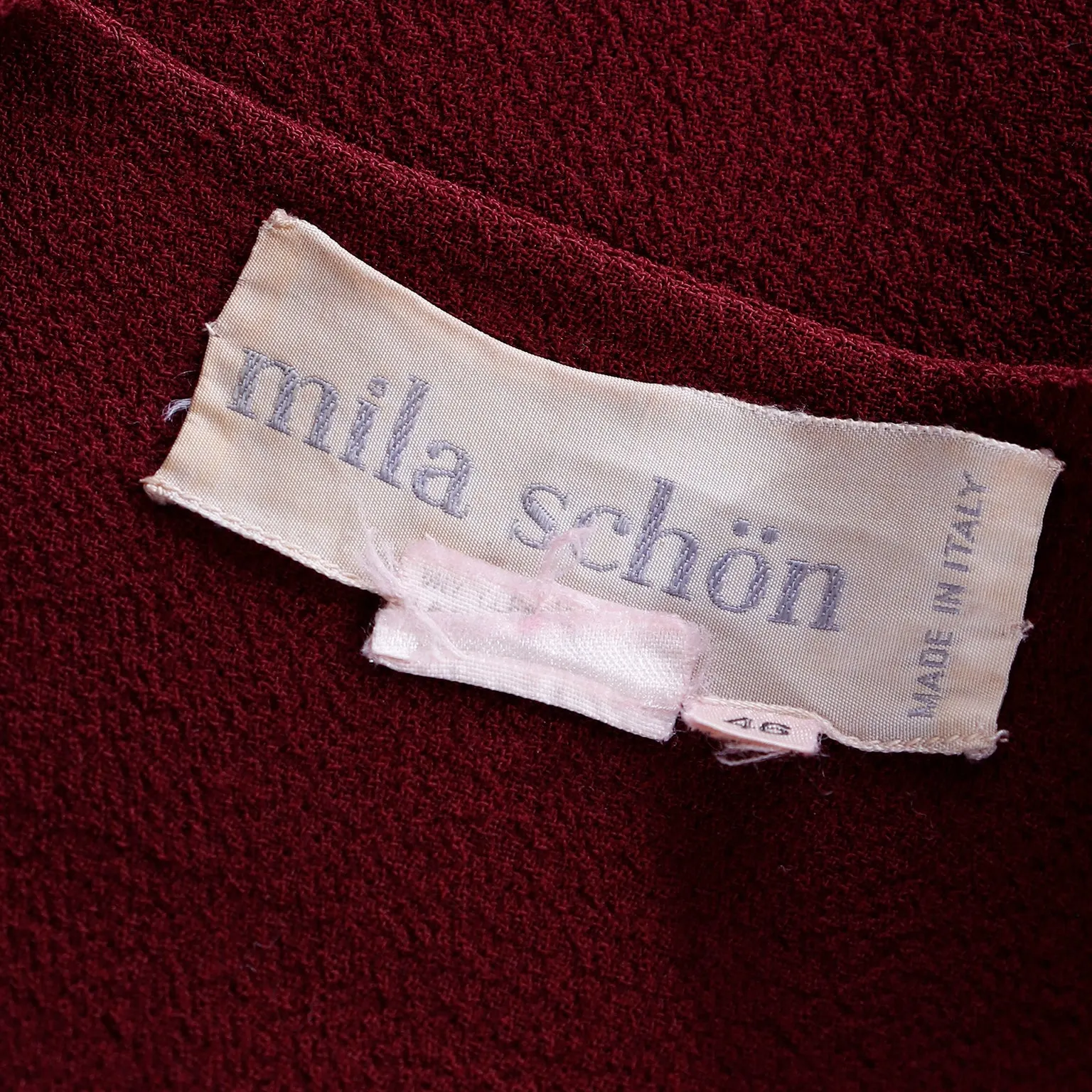 1980s Mila Schon Vintage Burgundy Wool Crepe Coat Dress w Pink Trim