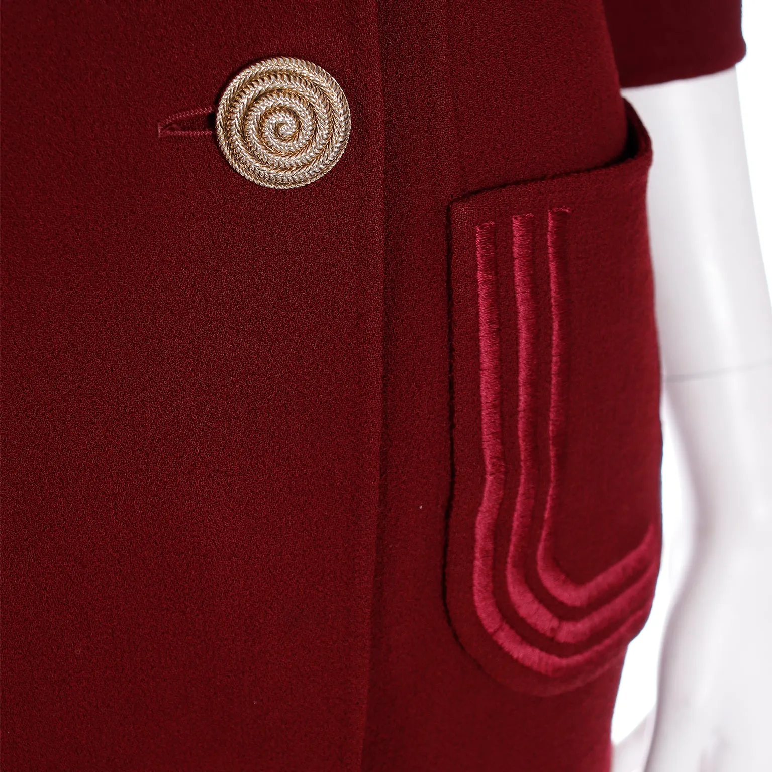 1980s Mila Schon Vintage Burgundy Wool Crepe Coat Dress w Pink Trim