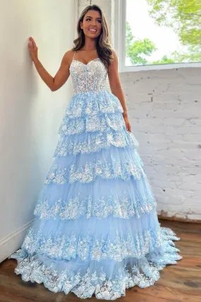 A Line Layered Light Blue Lace Long Prom Dress, Light Blue Lace Floral Formal Dress, Light Blue Evening Dress A2060