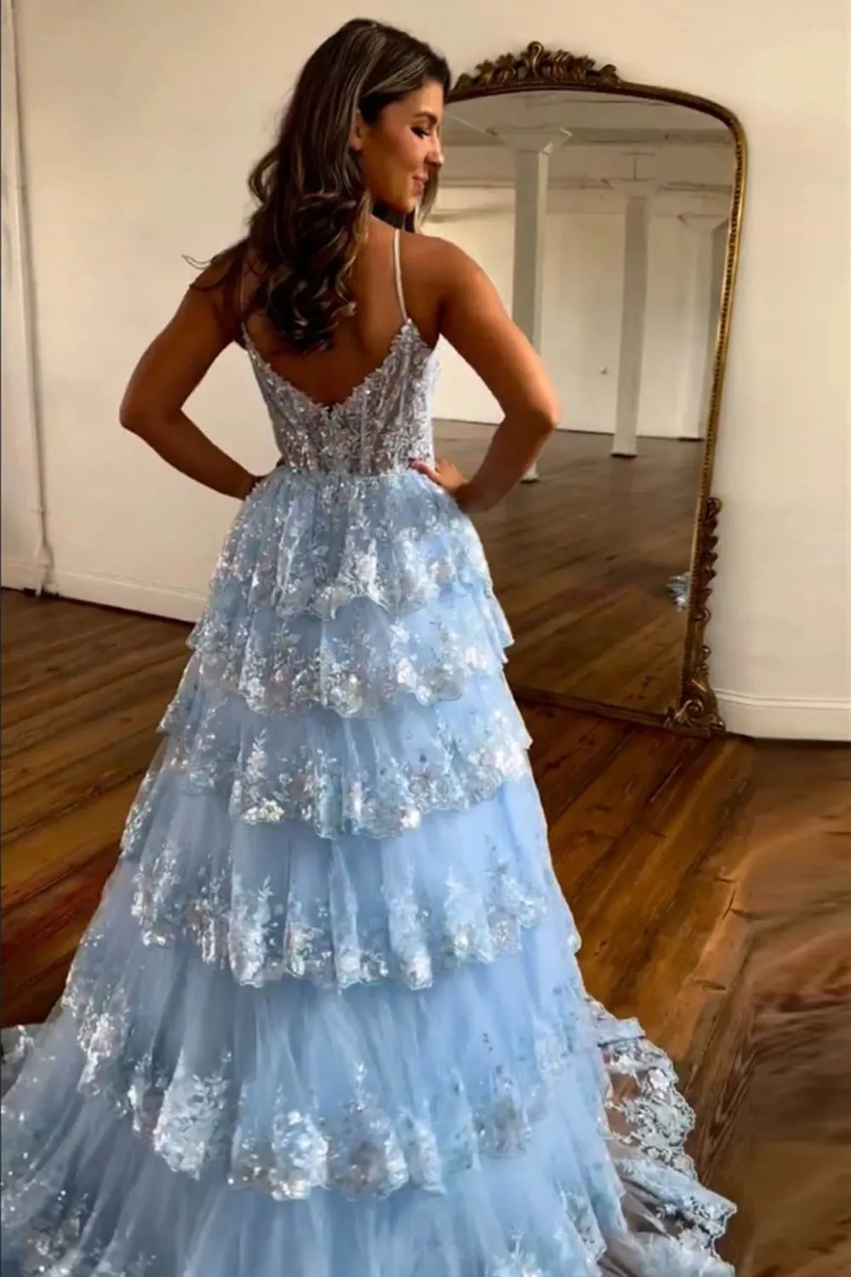 A Line Layered Light Blue Lace Long Prom Dress, Light Blue Lace Floral Formal Dress, Light Blue Evening Dress A2060