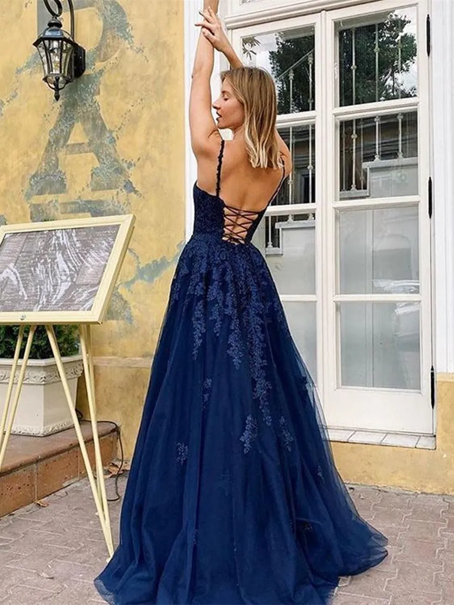 A Line V Neck Backless Navy Blue Lace Long Prom 2020, Open Back Navy Blue Lace Formal, Navy Blue Lace Evening