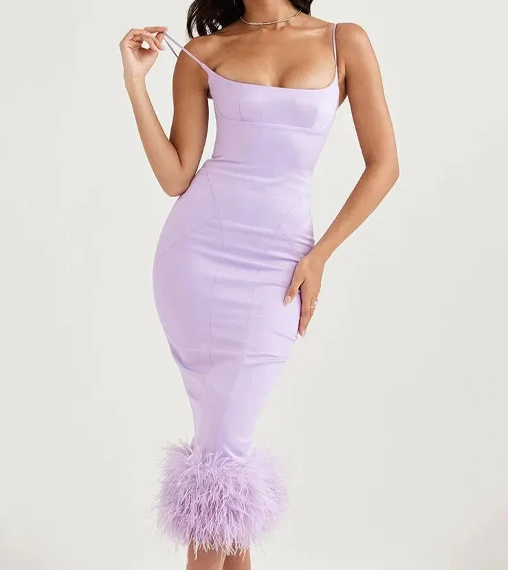 A&A Luxe Feather Tassel Spaghetti Strap Midi Dress