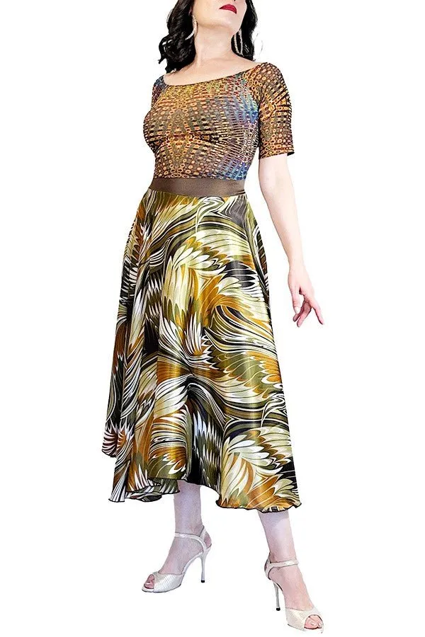 abstract print satin full circle skirt with slits