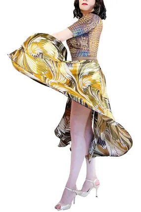 abstract print satin full circle skirt with slits