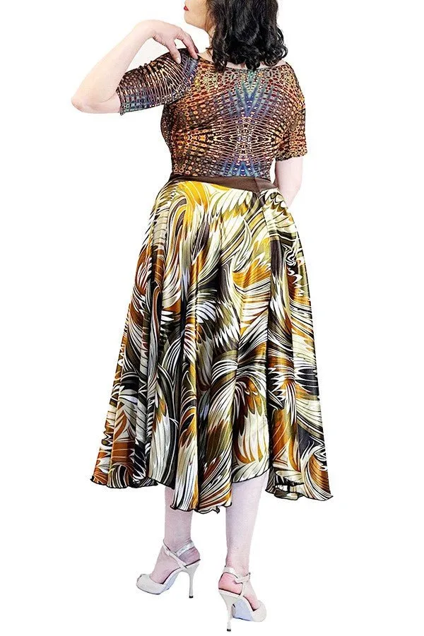 abstract print satin full circle skirt with slits