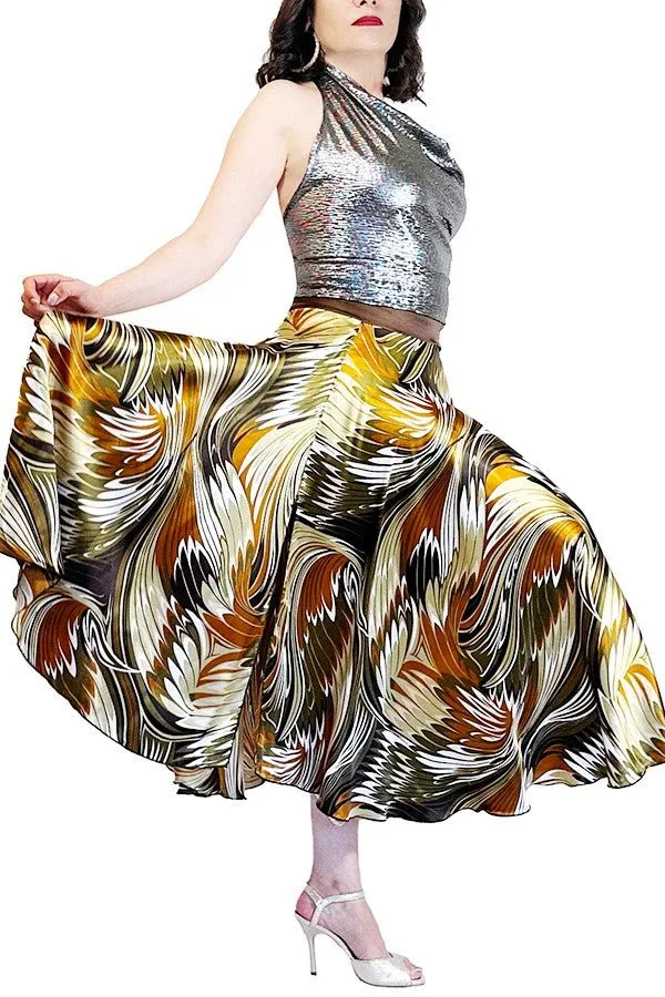 abstract print satin full circle skirt with slits