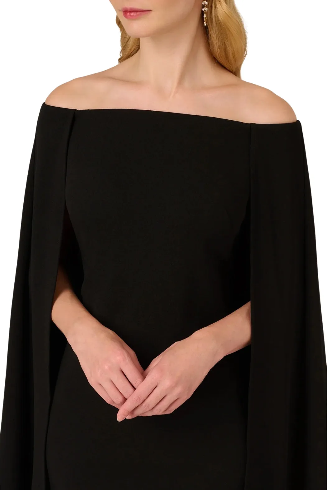 Adrianna Papell off shoulder cape sheath crepe dress