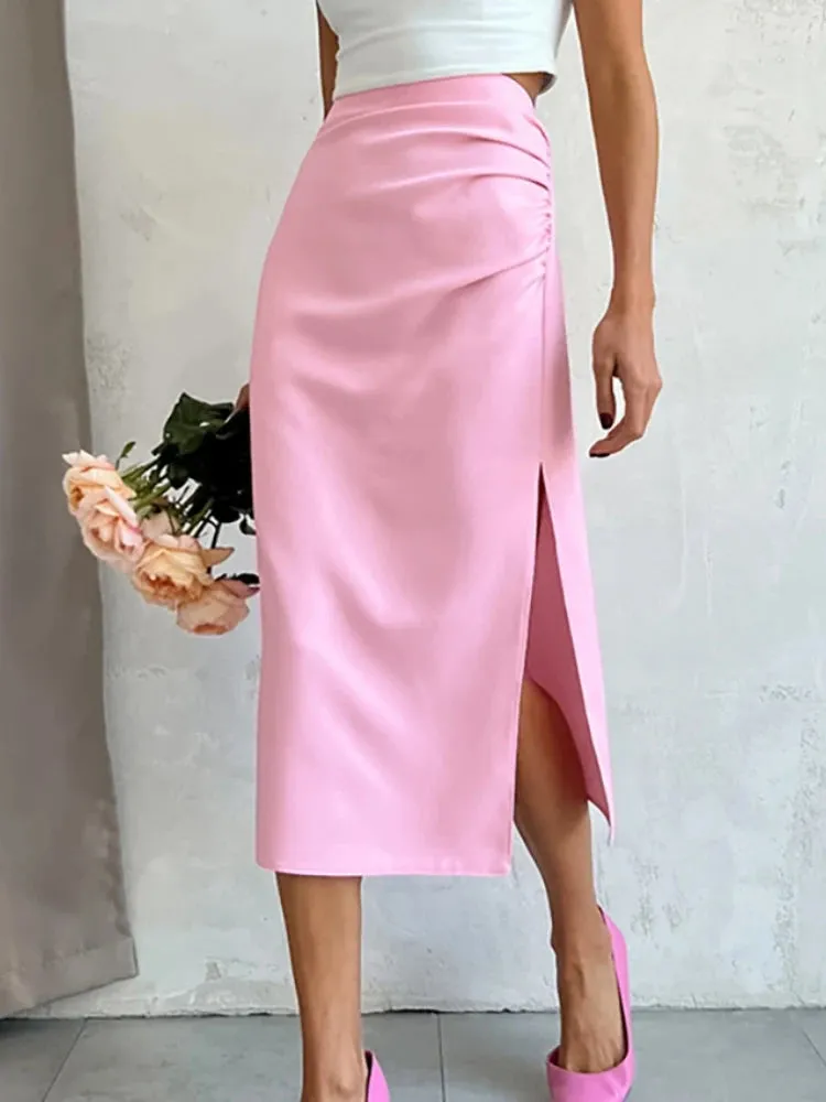 Advbridge Slit Pink Skirt For Women High Waist Aesthetic Faldas Escocesas De Mujer Slimfit Hot Summer Dress Zipper Korean Fashion Clothing