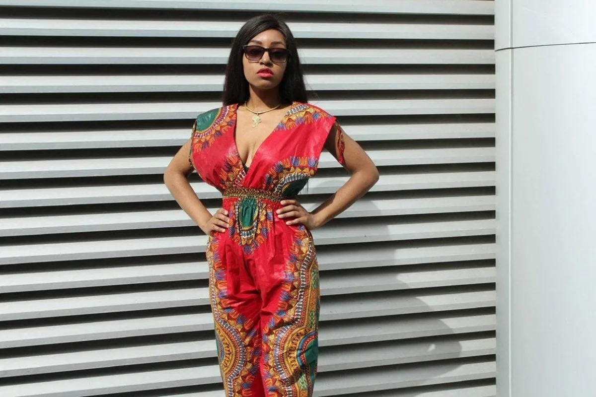 African Jumpsuit in Red Dashiki