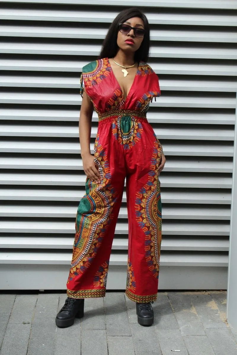 African Jumpsuit in Red Dashiki