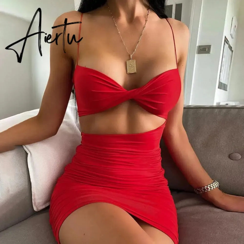 Aiertu Pure Color Slip Sleeveless Hollow Out Pleated Mini Dress Summer Fall Bodycon Sexy Party Club Elegant Y2K