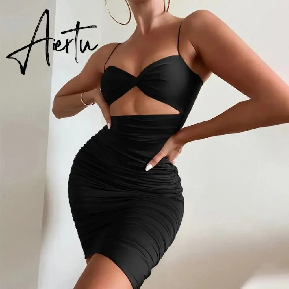 Aiertu Pure Color Slip Sleeveless Hollow Out Pleated Mini Dress Summer Fall Bodycon Sexy Party Club Elegant Y2K