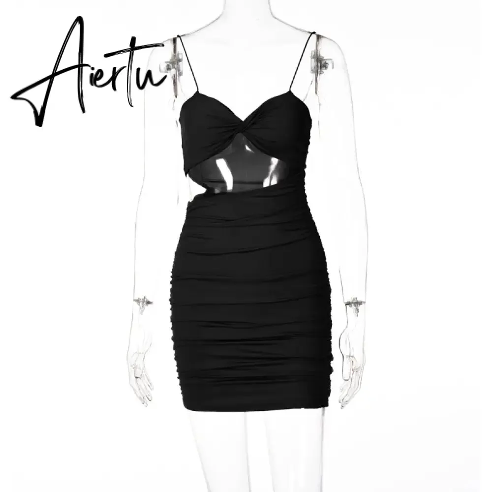 Aiertu Pure Color Slip Sleeveless Hollow Out Pleated Mini Dress Summer Fall Bodycon Sexy Party Club Elegant Y2K