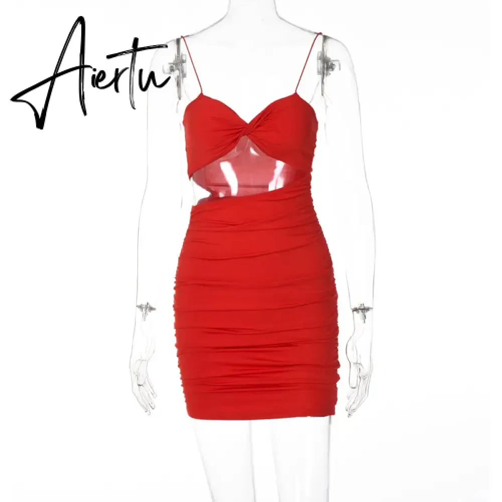 Aiertu Pure Color Slip Sleeveless Hollow Out Pleated Mini Dress Summer Fall Bodycon Sexy Party Club Elegant Y2K