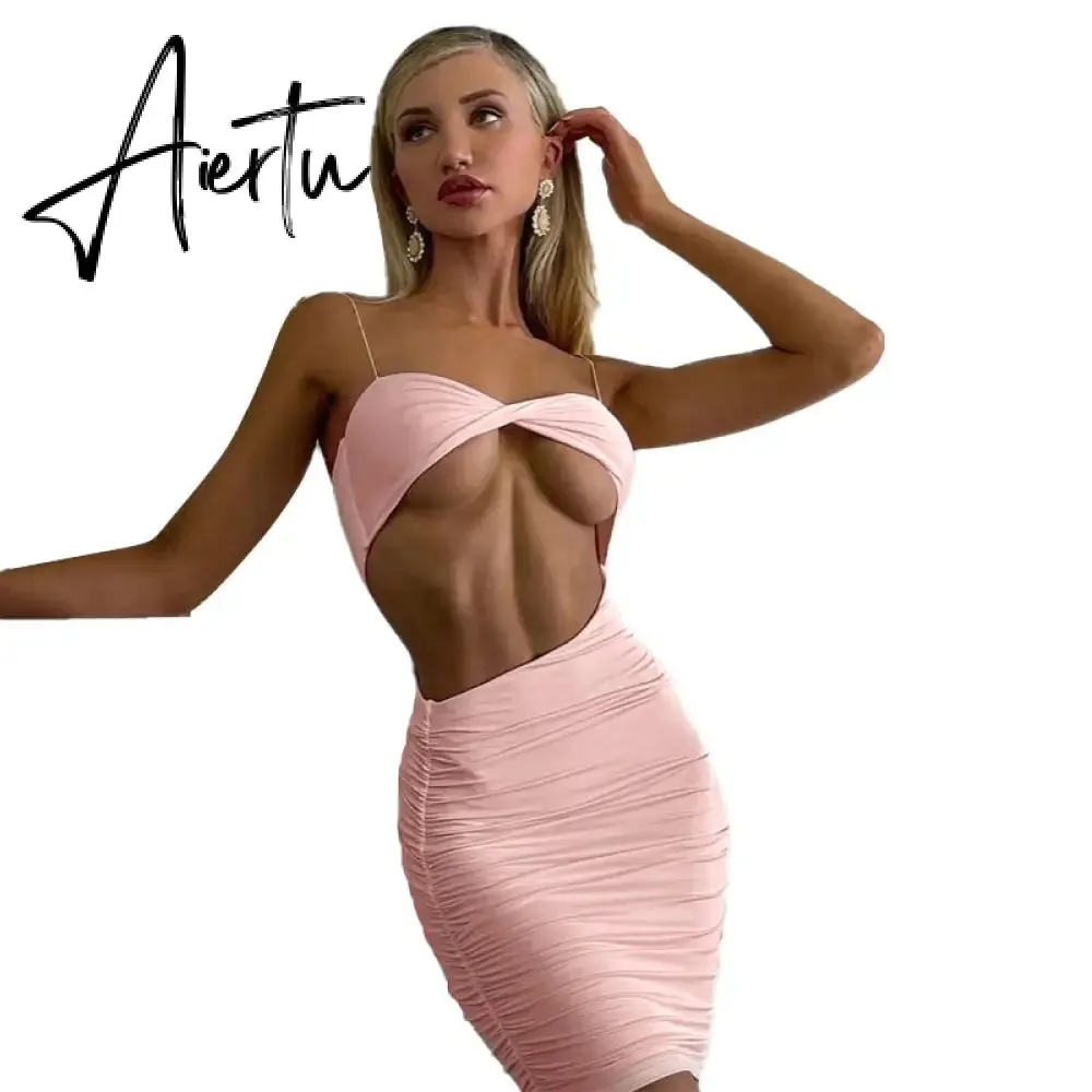 Aiertu Pure Color Slip Sleeveless Hollow Out Pleated Mini Dress Summer Fall Bodycon Sexy Party Club Elegant Y2K