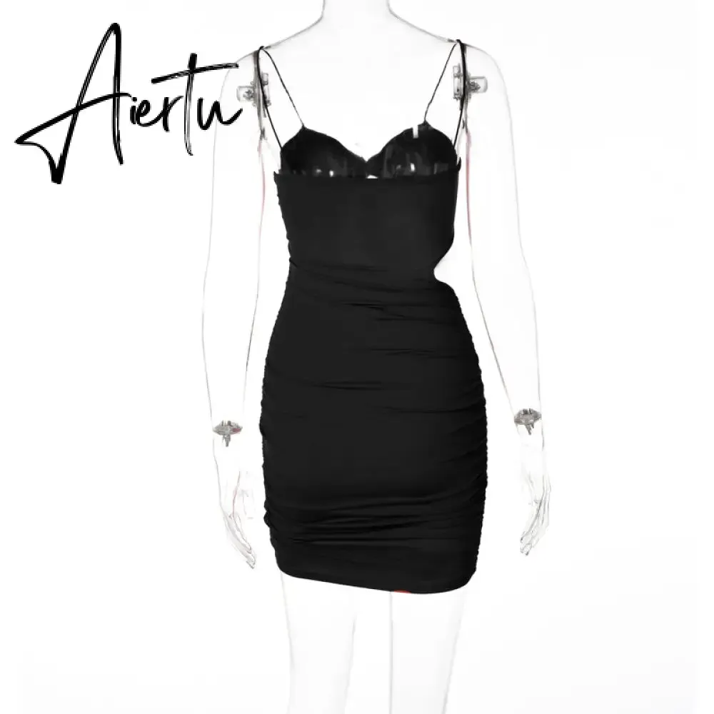 Aiertu Pure Color Slip Sleeveless Hollow Out Pleated Mini Dress Summer Fall Bodycon Sexy Party Club Elegant Y2K