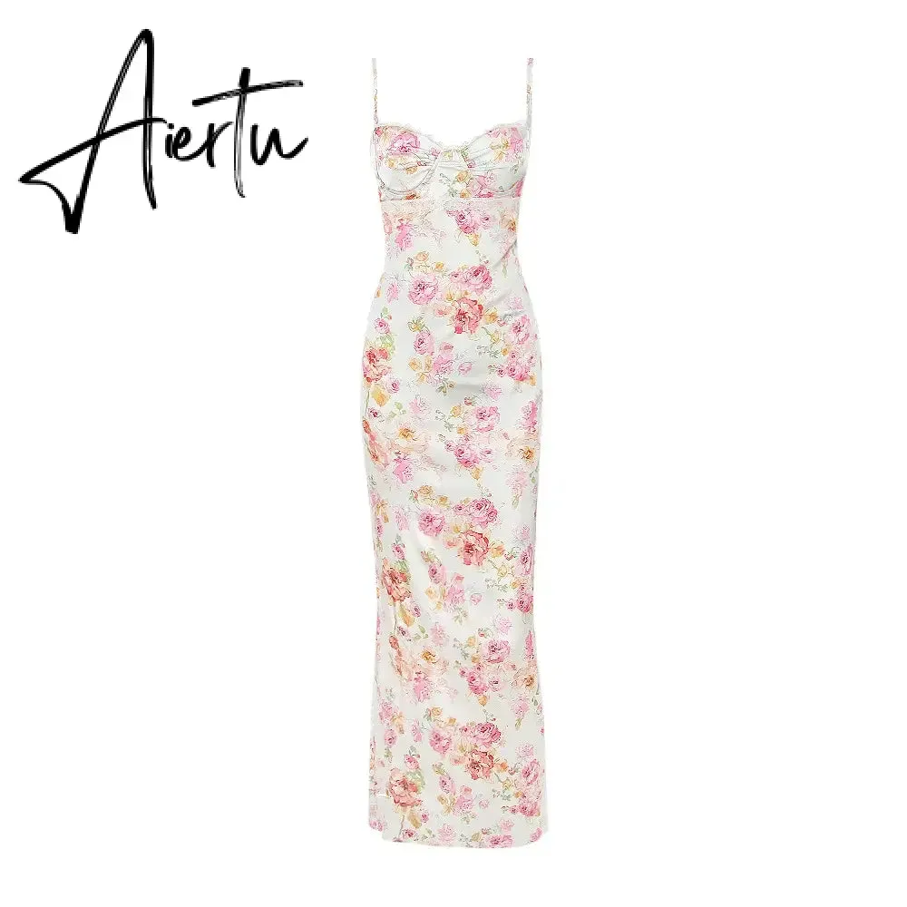 Aiertu Suninheart Summer Spaghetti Strap Floral Print Party Dresses Elegant Maxi Bodycon Wedding Guest Holiday Dress New In Dress