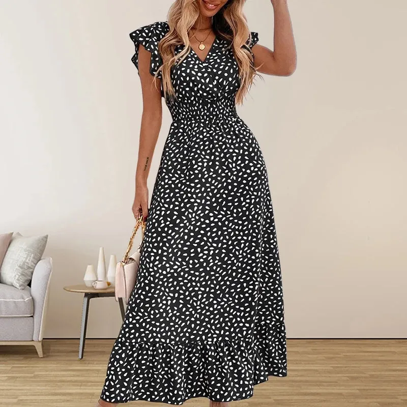 Amazon Cross border Foreign Trade European and American Women's Wear 2024 Spring/Summer Fashion V-neck Waist Long Dress High Wai