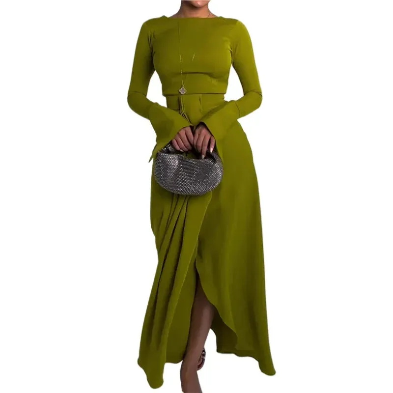 Amozae-2024 New Spring Bodycon Irregularity Evening Party Dress Solid Color Split-Front Round-Neck Maxi Dresses For Women