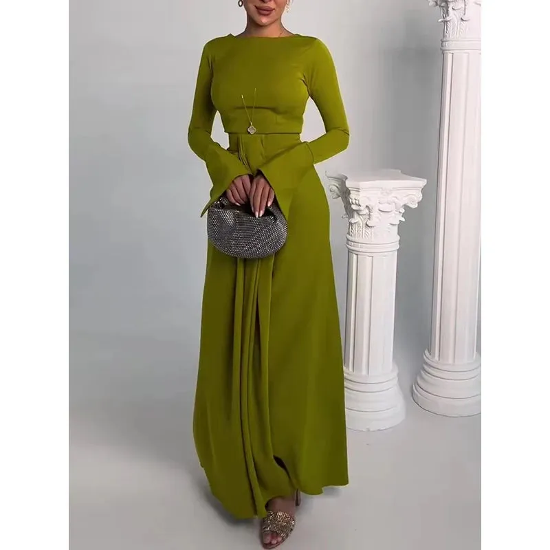 Amozae-2024 New Spring Bodycon Irregularity Evening Party Dress Solid Color Split-Front Round-Neck Maxi Dresses For Women