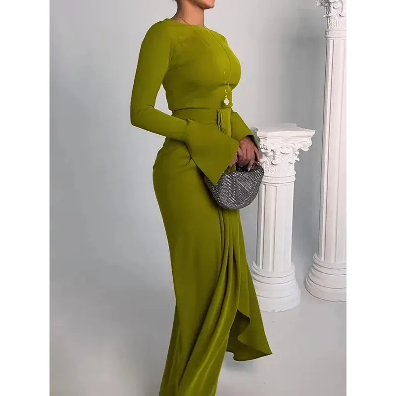 Amozae-2024 New Spring Bodycon Irregularity Evening Party Dress Solid Color Split-Front Round-Neck Maxi Dresses For Women