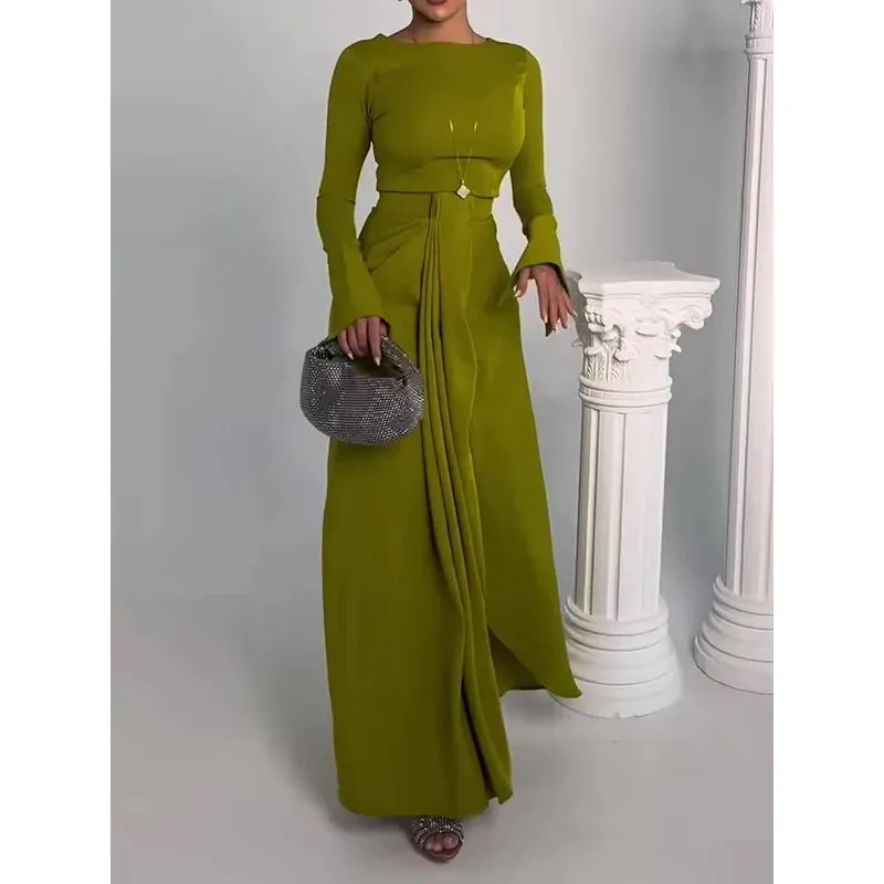 Amozae-2024 New Spring Bodycon Irregularity Evening Party Dress Solid Color Split-Front Round-Neck Maxi Dresses For Women