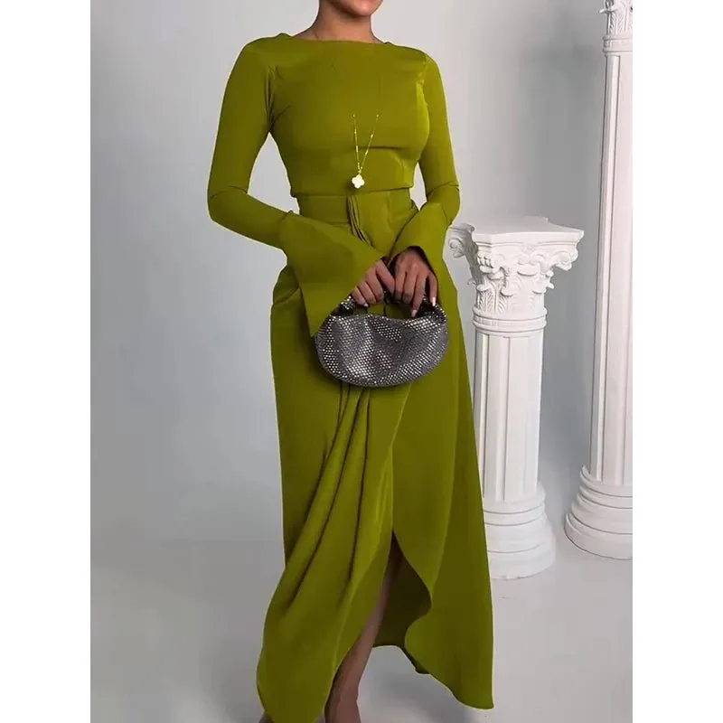 Amozae-2024 New Spring Bodycon Irregularity Evening Party Dress Solid Color Split-Front Round-Neck Maxi Dresses For Women