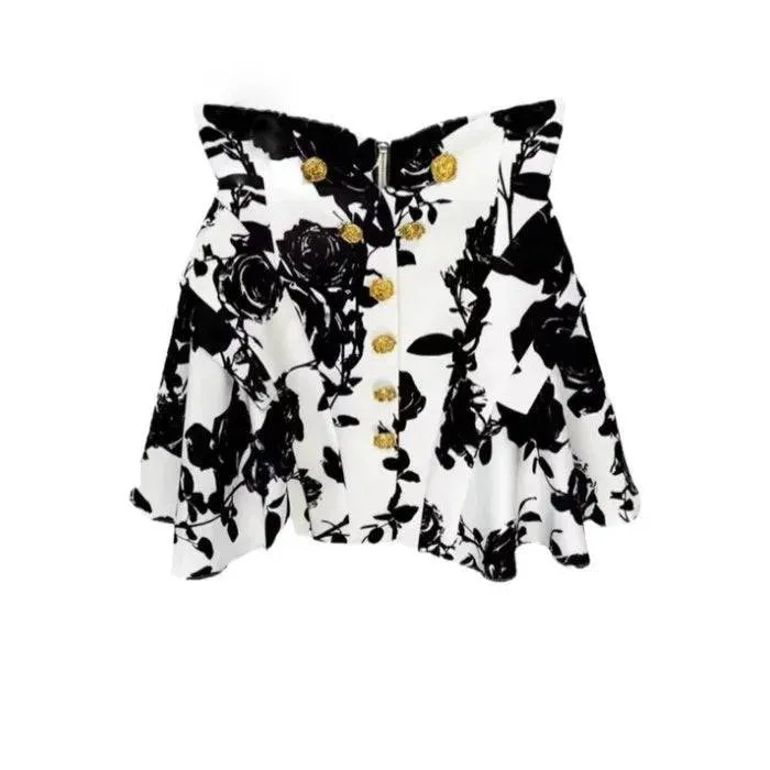 Annie Black and White Rose Printed Mini Skirt