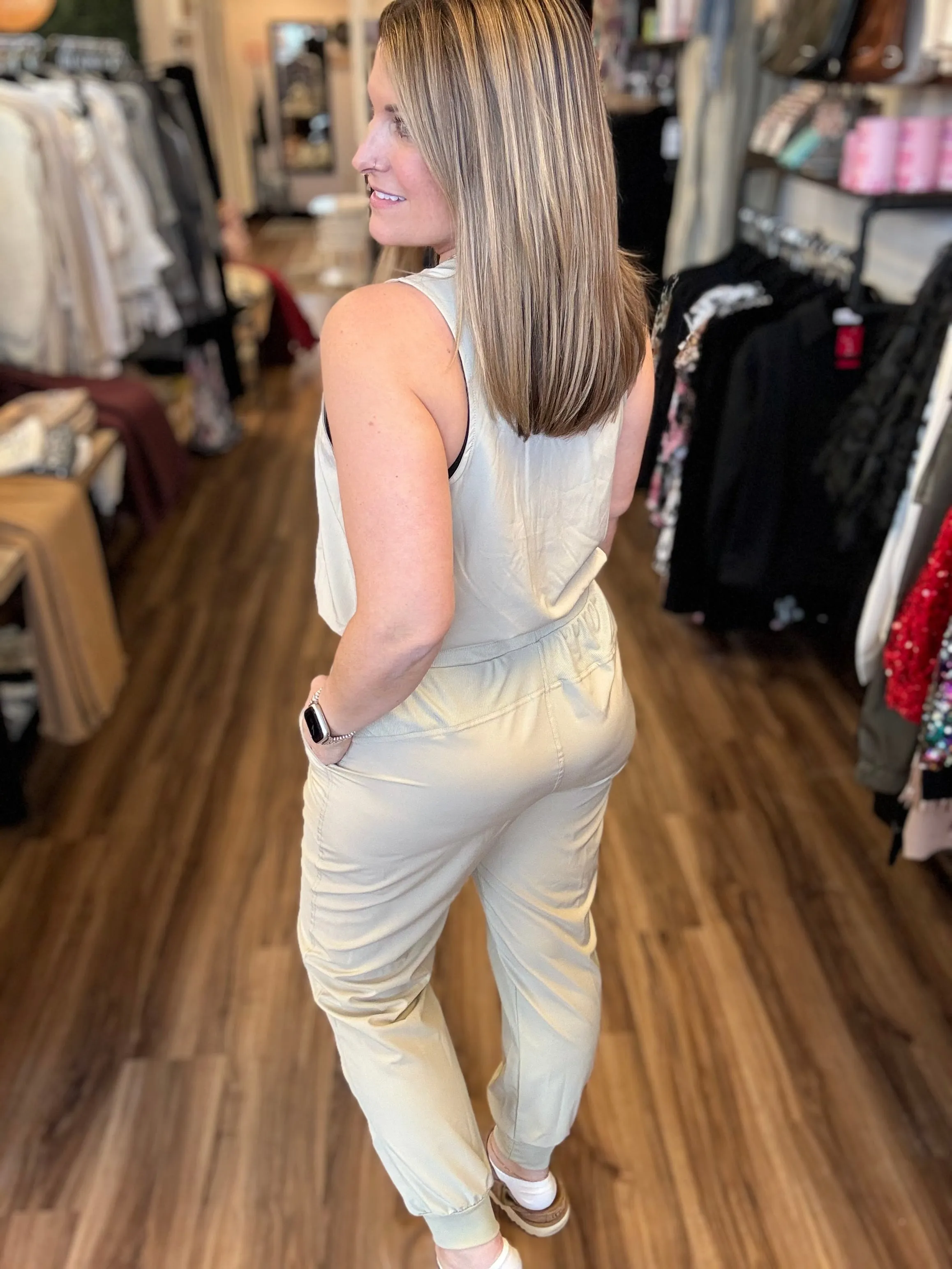 Ash - Half Zip Active Jumpsuit - Light Khaki