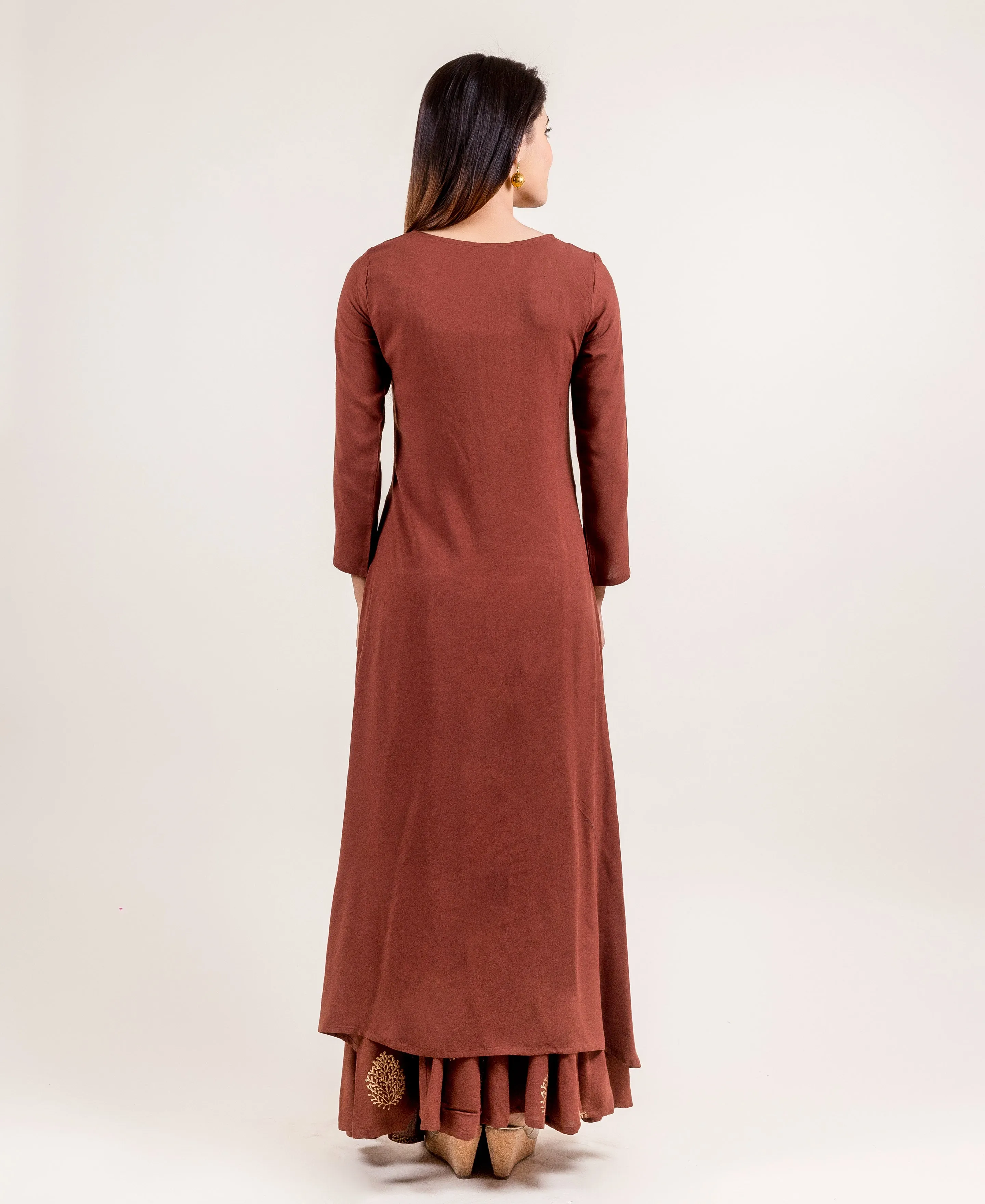 Asymmetrical Brown Embroidered Kurta Set