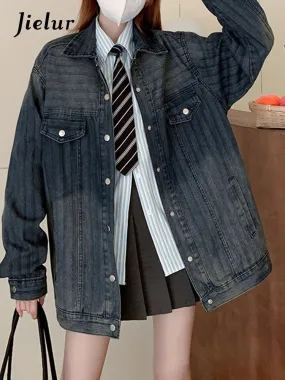 Autumn Women Vintage Striped Denim Coat Lapel Single Breasted Long Sleeve Loose Jacket Streetwear Gradient Women Top S-XL