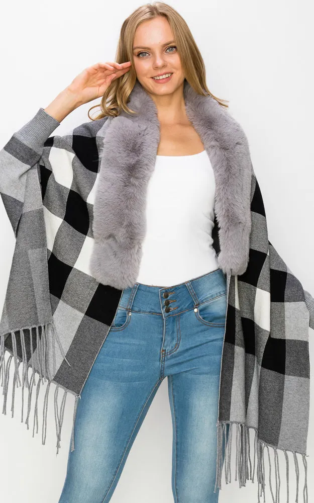 AV426 Faux Fur Trim Sleeve Cape Shawl with Fringe