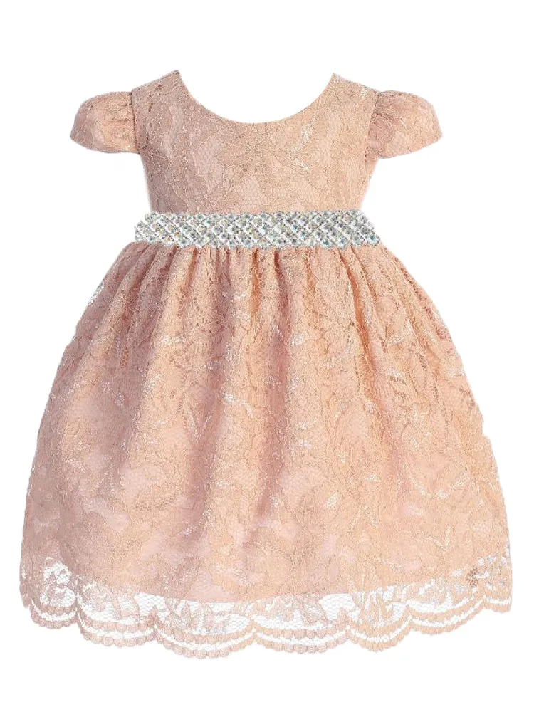 Baby Girls Blush Lace Thick Rhinestone Trim Flower Girl Dress 3-24 Months