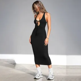 Basic Women Clothing Solid Color Low Neck Hollow Out Cutout out Tied Sports Vest Maxi Dress Summer Street Casual Dress