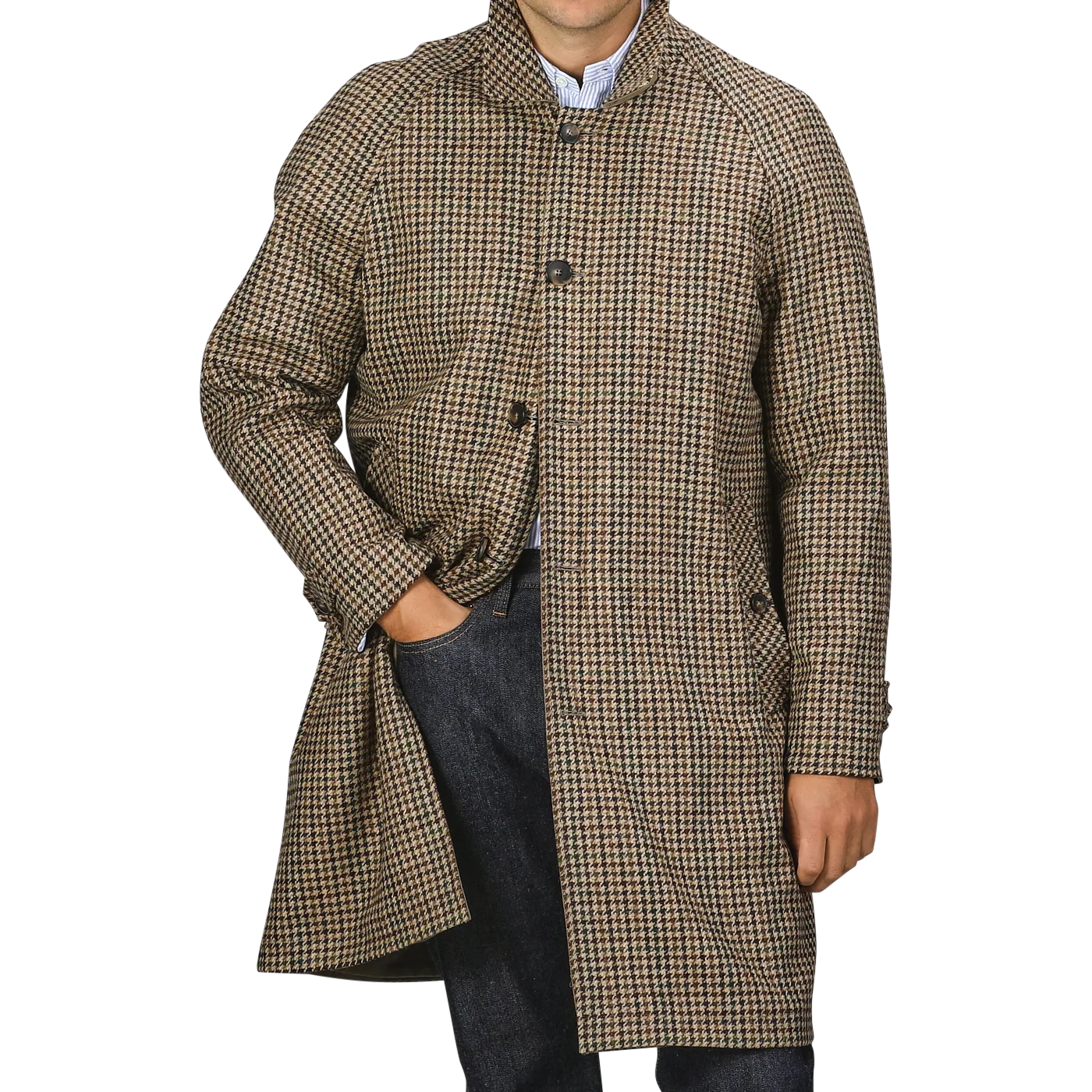 Beige Houndstooth Wool Tweed Reversible Coat