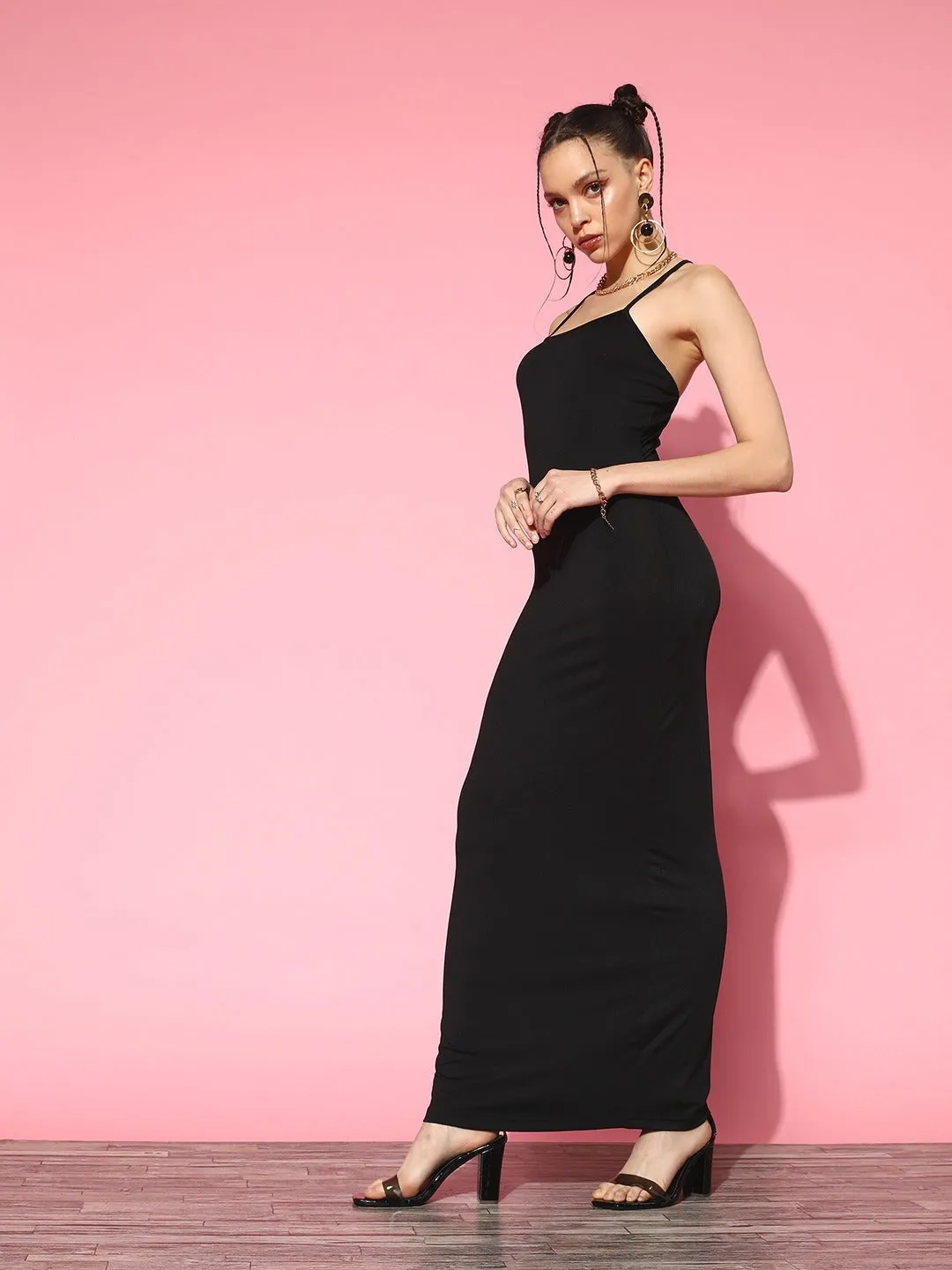 Berrylush Women Solid Black Square Neck Sleeveless Criss-Cross Back Straight Hem Bodycon Maxi Dress