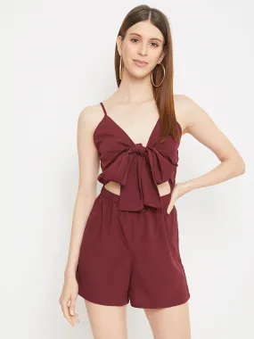 Berrylush Women Solid Maroon Sleeveless Front Tie-Knot Jumpsuit