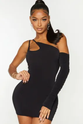 Black Asymmetrical Neckline Mini Dress