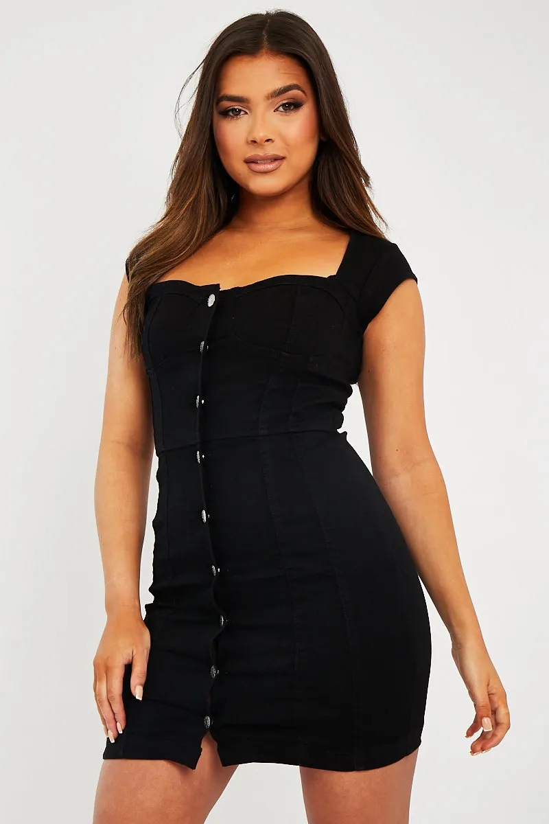 Black Button Front Bodycon Denim Dress - Carlyn