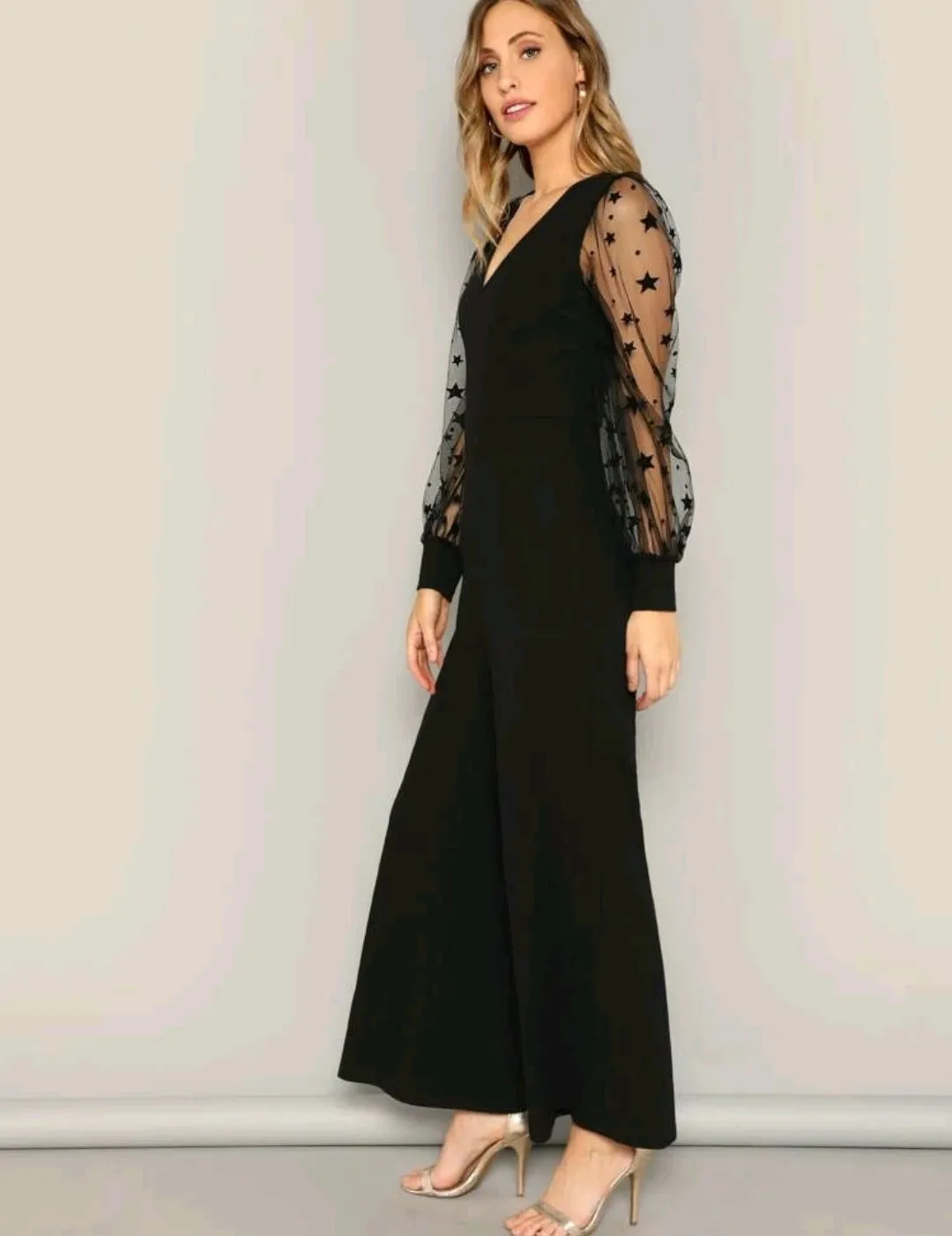 Black Contrast Star Mesh Sleeve Wide Leg Jumpsuit